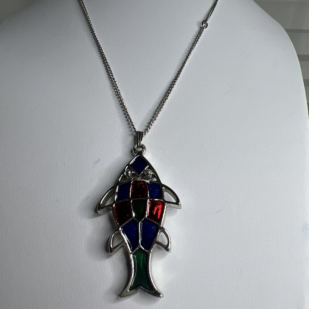Vintage Sarah Coventry inlayed Blue Red Silver tone Jewel Fish Necklace‎ 19”